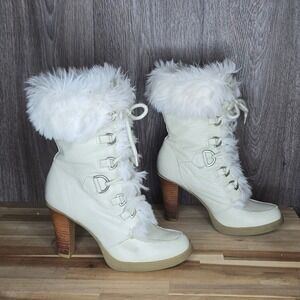 Vintage Report Vail Stk Heel Boot 7 Cream Leather Faux Fur Trim Lace Up Heeled